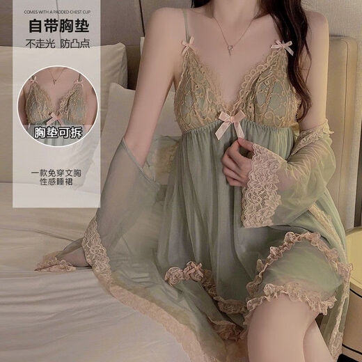 性感纯欲冬季睡衣女款纯欲风带胸垫春秋款吊带睡裙袍女家居服套装 P3886绿色外袍+腰带 M