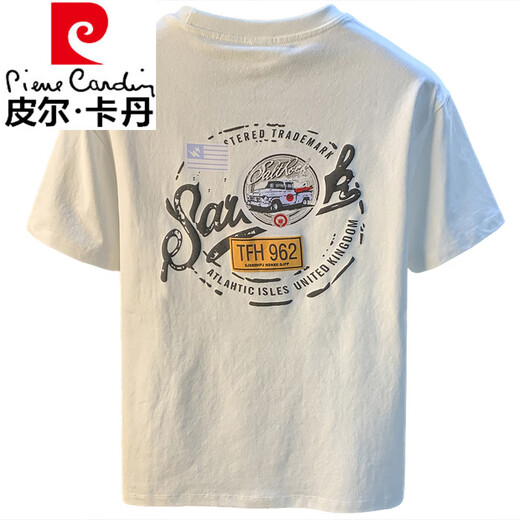 皮尔卡丹（pierre cardin）白色T恤男夏季新款高端潮流印花t恤美式轻奢新疆棉舒适短袖T恤衫 香槟色 【JSW9906香槟色】 M 适合90-108斤穿