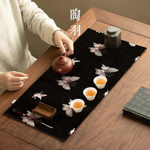Pottery feather butterfly velvet double-sided embroidered tea mat thickened tea towel tea tablecloth absorbent tea table mat pot towel tea set accessories butterfly-velvet double-sided embroidered tea mat