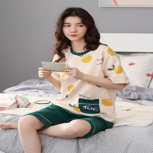 Jinrenchu ​​pajamas for women in summer pure cotton short-sleeved cropped pants dots can be worn outside for women's home clothing set 9856 Single size M code recommended for 80-100Jin [Jin equals 0.5 kg]
