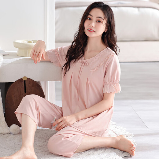 Modal 2025 pijama nuevo con almohadilla de cofre para mujeres para mujeres para algodón de verano Pantalones cortados de manga corta para mujeres para el verano delgado de ropa para el hogar LSF-695 Polvo blando L 165 Peso recomendado 105-125Jin [Jin equivale a 0.5 kg]