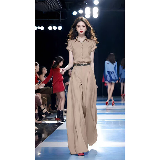 欧迪惠（Oudihui）时尚气质套装女2025夏季休闲裤女装新款短袖衬衫高腰阔腿裤两件套 灰色套装 L