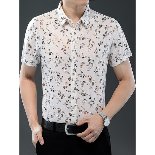 
Seven Wolfs (SW1960) 25 summer new men's short-sleeved shirt ice silk thin printed shirt fashion trend casual daddy top 9898 gold 2XL 180