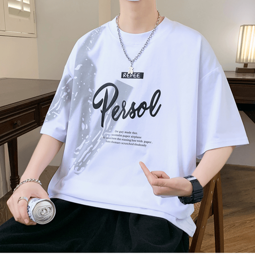 VZVJ short-sleeved men's summer fashion brand letter printing round neck half-sleeved T-shirt American casual men's plus size loose T-shirt D693 white M size 90-110Jin[Jin equals 0.5 kg]