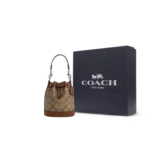 蔻驰（COACH）经典老花抽绳水桶包PVC皮质女款棕色迷你手提斜挎 基础装(包+防尘袋)