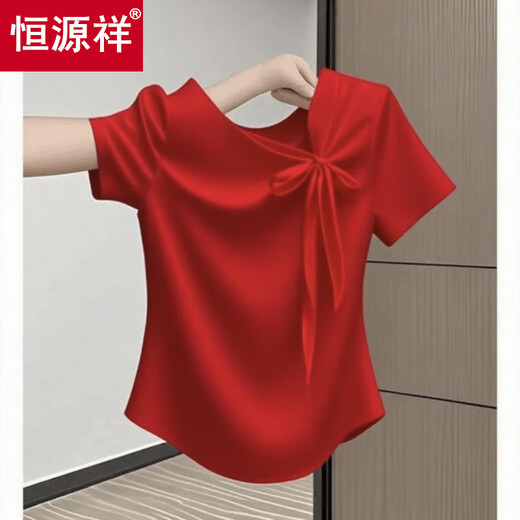 恒源祥法式蝴蝶结短袖T恤女2025夏季气质时尚百搭显瘦蓝色设计感衬衫 粉红色【关注优先发】 L