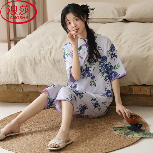 浪莎（LangSha）夏季国风短袖睡衣套装家居服棉新中式夏天七分裤可外穿女休闲薄款 Y9902 M