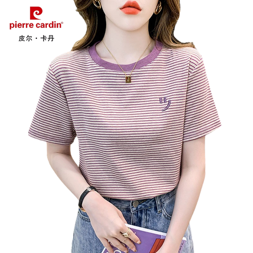 T-shirt à manches courtes à rayures à rayures Pierre Cardin pour femmes Vêtements pour femmes coréennes 2025 NOUVEAU T-shirt polyvalent cou rond Cou à mi-manche rouge 9928 s recommandé 80-95jin [Jin est égal à 0,5 kg]