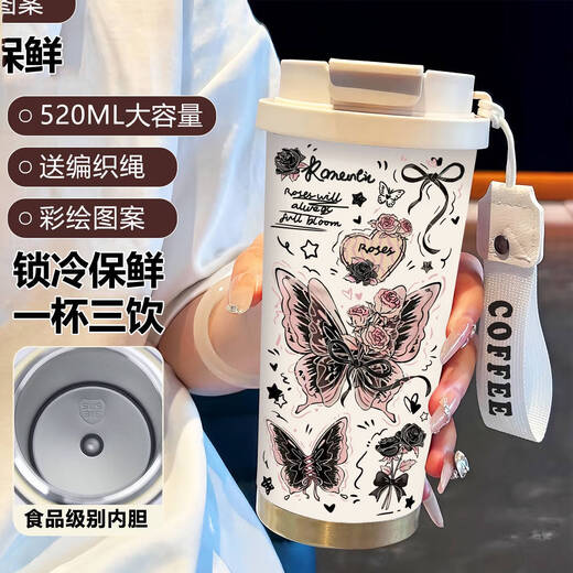 Yonghuan Butterfly Thermal Tasse Edelstahl tragbarer Doppelkaffeetasse 2025 Neue Frauenstrohwasserbecher Hochvorpreis BW1049 Dunkelrosa Schmetterling A+ mit Lanyard