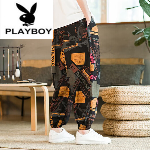 Playboy (PLAYBOY) linen summer men's printed bloomers loose legged nine-point harem casual pants large size wind flower pants K299 Thai style blue 2XL recommended 160-170Jin Jin equals 0.5 kg