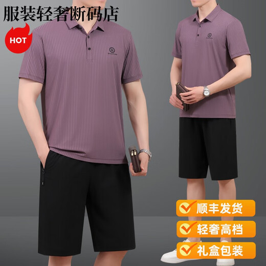 SATCHI轻奢爸爸夏装套装短袖恤新款中老年运动套装男士父节夏季衣服 756天蓝短袖+长裤 L