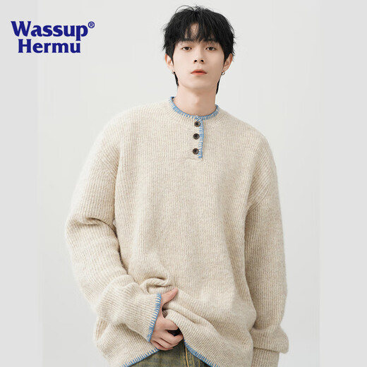 WASSUP HERMU official sweater men's autumn and winter retro atmosphere sweater niche design Henry collar lazy top jacket apricot L (recommended 130-150Jin Jin equals 0.5 kg)