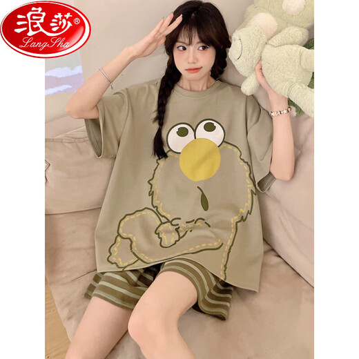 浪莎网红纯棉睡衣女夏季短袖短裤薄款卡通大码可爱家居服学生套装 WB短袖1343 L 小码(100-110斤)