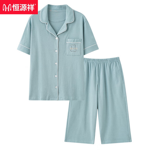 Hengyuanxiang mother cardigan pajamas for women in summer pure cotton short-sleeved cropped pants large-size thin style middle-aged and elderly mothers home clothing set 9898# M [Suggested 80-100Jin [Jin equals 0.5 kg]]
