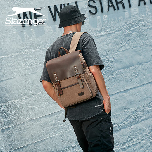 SlaZenger/Slazenger Retro Wear-Resistant Canvas Kuchenleder-Rucksack Rucksack Grau
