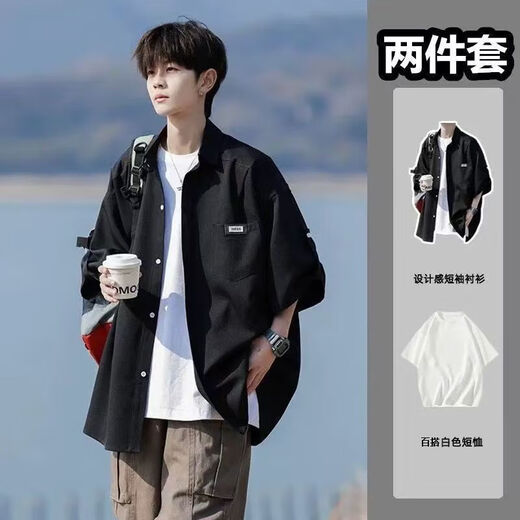 
Xingsuyao Japanese shirt men's suit summer jacket loose short-sleeved shirt one set with high-end three-piece set for boys Black shirt + short-sleeved white + jeans blue XL