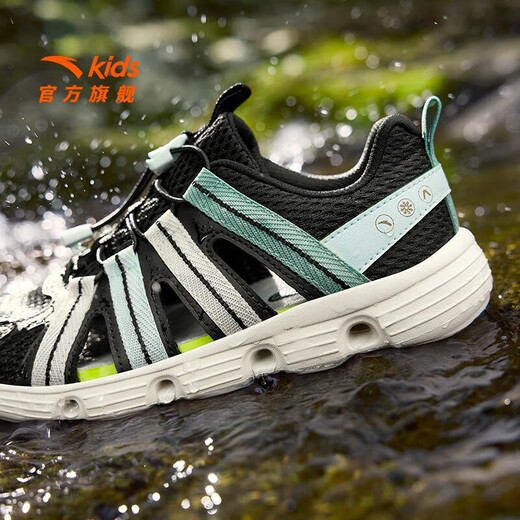 ANTA children's sandals, boys' shoes, 2026 summer new outdoor water and land tracing shoes, Baotou anti-collision beach shoes, black/ice crystal green-2 33 size