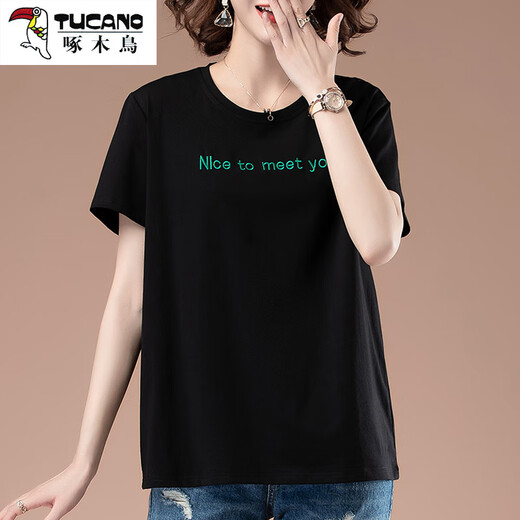 啄木鸟（TUCANO）夏天时尚短袖t恤女加大码宽松刺绣女装棉上衣中年妈妈打底衫女 黑色【9896款】 2XL 130-145斤