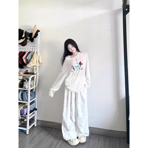 韩系慵懒卡通狗印花长袖T恤防晒宽松薄纱罩衫上衣GXXX97-60027-1 白色 M
