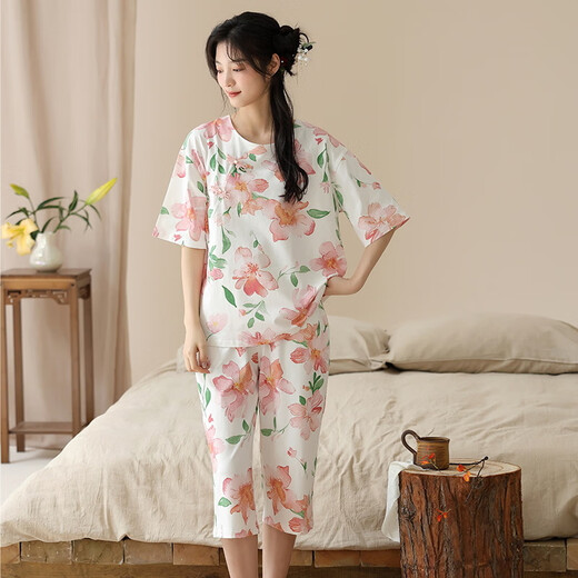 Langsha Nouveau pyjamas chinois pour femmes en été imitation d'été Coton Sleeves 2025 Style chinois pliant des vêtements inférieurs décontractés 9902 M
