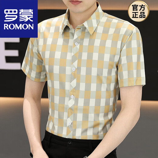 Romon Short à manches à manches masculines 2025 Été Ice Silk Business Casual Anti-Scalding Plaid Plaid Men's Tops Clothing Men's Clothing HST878 Pink M [95-108Jin [Jin est égal à 0,5 kg]]]