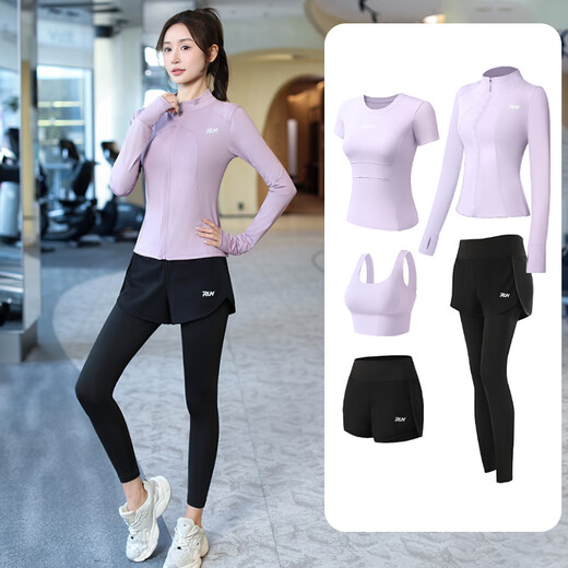 Fluniyu Sports Suit Women's Breathable Quick-Drying Yoga Wear Women's Five-piece Fitness Suit Running Clothes Pilates Training Suit Obsidian Black Print Five-piece Suit XL Recommended Weight 112-128 Jin Jin is equal to 0.5 kg