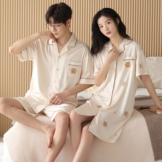 
Yalu couple pajamas summer thin ice silk 2025 new cardigan short-sleeved home clothing sense men's large-size suit L6210 ice silk skirt cover XL women L+ men