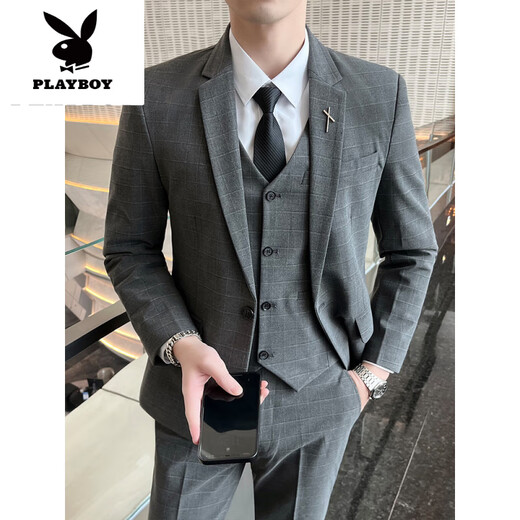 Playboy (Playboy) Traje a cuadros Muy macho Adjunto de bodas Masino Vestido de tres piezas Slim coreano Casual Formal Traje gris oscuro + chaleco + pantalones + Camisa Mada M (95 ~ 108Jin [Jin equivale a 0.5 kg])
