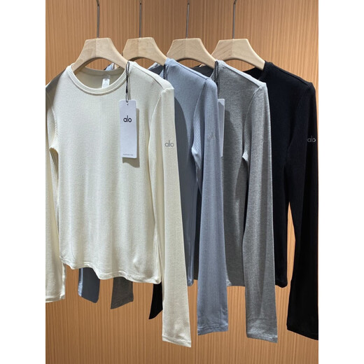 ALO YOGA Yoga Pilates long-sleeved pure cotton ribbed knitted bottoming shirt slim sports fitness running inner top T-shirt black M