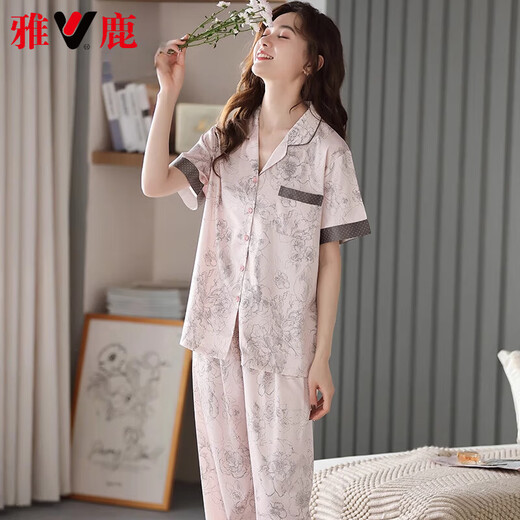 Yalu high-end 2025 pajamas for women in summer satin short-sleeved trousers new summer silk summer middle-aged mother home clothes 6626 2XL (weight 140-160Jin [Jin equals 0.5 kg])