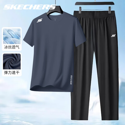 
SKECHERS Skechers Sports Set Men's New Quick-Drying Knitted Short Sleeve Straight Pants Teen Trendy Casual Two-Piece Set M291-026R Odyssey Gray [Set] L/175