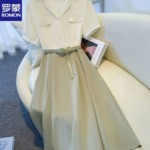 罗蒙（ROMON）假两件翻领撞色连衣裙2025新款女夏季薄款透气收腰显瘦A字中长裙 米白+艾草绿假两件 XL