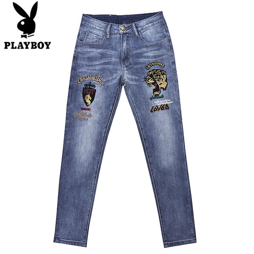 花花公子（PLAYBOY）欧洲站夏季薄款刺绣男士修身小脚弹力牛仔长裤高端轻奢男裤潮 浅蓝7027 薄款 28 腰围二尺一