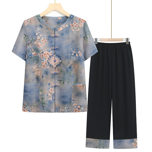 Jinggong elderly clothes grandma style 70-80 years old summer short-sleeved suit female mother shirt two pieces 6626 green (set) 2XL [recommended 100-115 Jin [Jin equals 0.5 kg]]