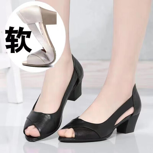 Hot-Air Dick-Heeled-Schuhe weiche Ledersandalen für Frauen im Jahr 2025 Sommer tragen neue Mutterschuhe mittleren Alters Schuhe Non-Slip Damen Fisch Mundschuhe Wenzhou Sandalen für Frauen ohne müde Füße Beige 40 40