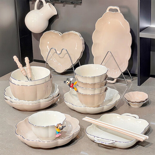 Songjia Underglaze colored bol maison Nouveau bols d'assiette en céramique bols et baguettes combinaison ménage de créneaux de ménage bols de vaisselle et assiette à l'or 4 à 6 personnes Boîte cadeau alimentaire 1355