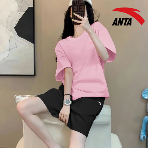 安踏（ANTA）运动套装女款宽松透气短袖短裤速干五分裤多巴胺T恤休闲显瘦 -7原木色/基础黑 M/170 适合100-120斤