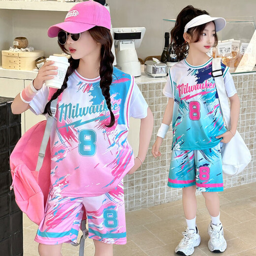 Basketballuniformen für Mädchen 2025 Sommer Neue Kinder mit mittlerer bis großer Kinder Schnelltrocknen Sportanzug Nr. 8 gefälschter zweiteiliger Wettbewerbstraining-Anzug Pinkanzug (kurze Ärmel + Shorts) 140 (empfohlen, innerhalb von 130 zu sein)