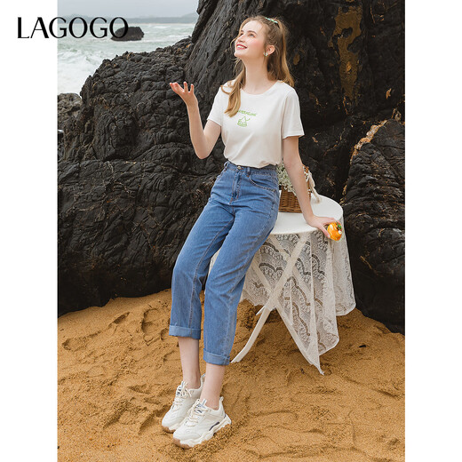 Lagogo High талия прямые джинсы для женщин Lagogu Valley 2025 Лето -голубые голубые полиэфирные брюки из бамбука.