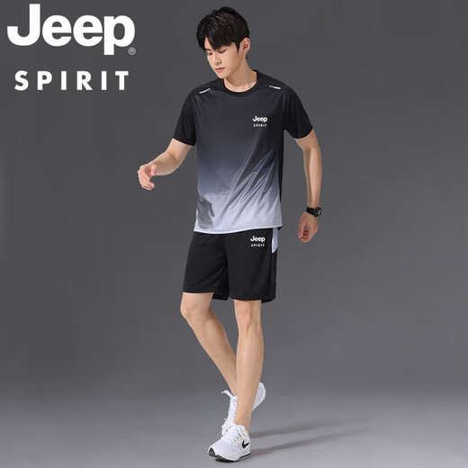 JEEP SPIRIT High-End JEEP Ice Silk Sports Suit Men's Summer Short-Sleeved Running T-Shirt Fitness Clothing Basketball Suit Quick-drying 9901 Black Gray Suit M