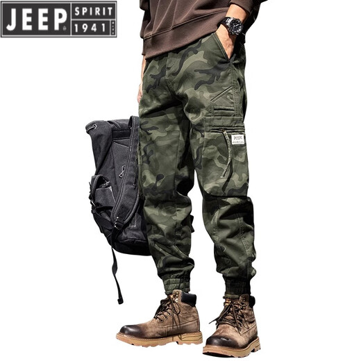 JEEP SPIRIT迷彩美式工装裤男士2025春夏季款宽松哈伦束脚裤男士休闲裤 黑色迷彩 L