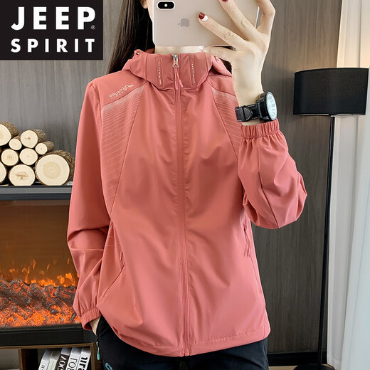 
JEEP SPIRIT soft shell jacket for women 2025 new spring and autumn thin breathable outdoor hiking waterproof mountaineering suit hooded jacket Rouge red (mesh lining 698 models) M