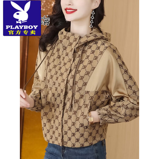 花花公子（PLAYBOY）休闲连帽印花短外套女春秋2025年新款时尚洋气百搭宽松夹克上衣潮 L