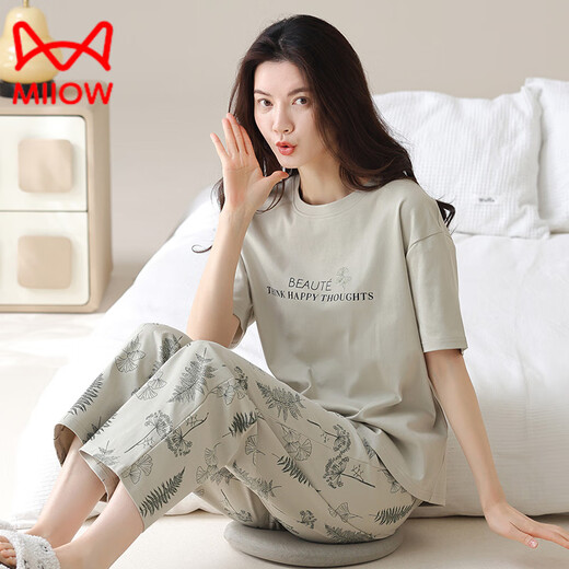 猫人（MiiOW）睡衣女夏季纯棉短袖长裤薄款全棉夏天女士家居服套装春秋季 YZT9719 短.袖长.裤 2XL 140-160斤