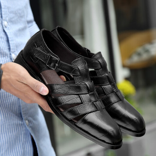 Kangaroo (DAISHU) broken code 2025 head layer cowhide summer new style men's bag-toe formal leather sandals genuine leather soft sole handmade hollow hole 9195 black 38