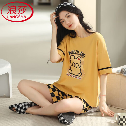Langsha High-End 2025 New Pyjamas für Frauen im Sommer Pure Cotton Kurzärärmelte zweiteiliger Anzug Sommerstreife Home Clothing 9856 M [Empfohlen 75-90 Jin [Jin gleich 0,5 kg] tragen]