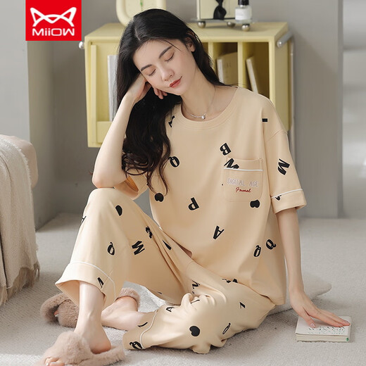 Catman (Miiow) Pure Cotton Pajama для женщин в летних укороченных брюках с короткими рукавами.