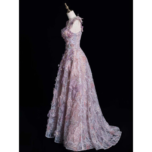 Wutuo large size evening dress purple light luxury niche banquet host adult ceremony suspender dressing gown bride toast wear engagement dress purple 4XL weight 155Jin Jin is equal to about 0.5 kg