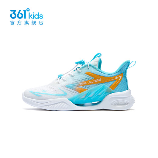 361 Chaussures pour enfants pour garçons et filles Sports Chaussures de course pour 2024 Été Nouveaux chaussures d'enfants de milieu à la place à 361 degrés blanc / bleu ciel / mangue Golden jaune 37