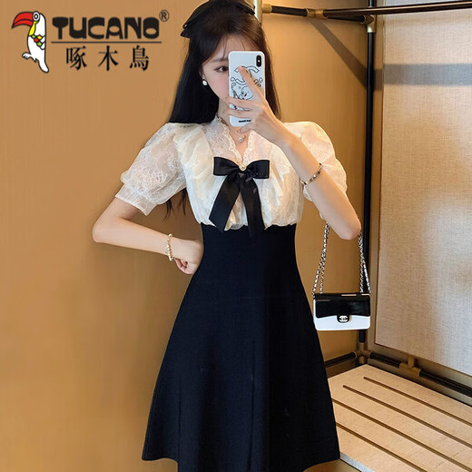 啄木鸟显瘦气质高端名媛连衣裙女装2025年夏装新款高级感甜美裙子小个子 黑色 2XL 130-145斤